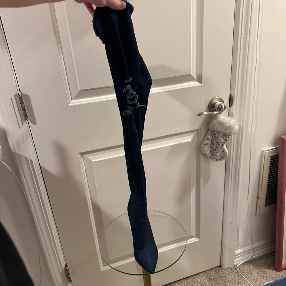 Over The Knee Boots 9 Pointed Toe Distressed Denim Tall Heels Y2K Block Heel
